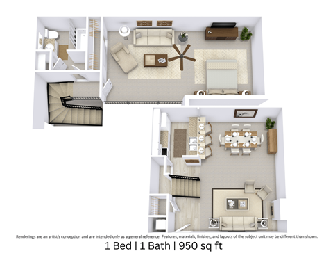 Floor plan for 1 bed, 1 bath, 950 sqft